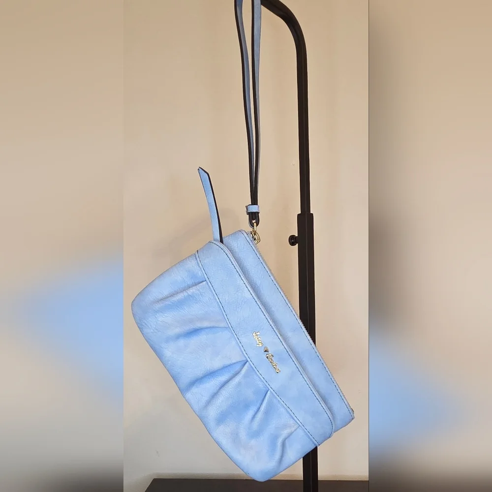 Juicy Couture Baby Blue Wristlet Clutch Gold Logo Pink Lining Y2K NWOT